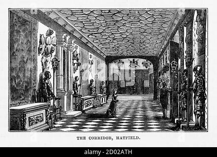 Hatfield, The Corridor, Hatfield House, Hertfordshire, Angleterre Victorian Engraving, 1840 Banque D'Images