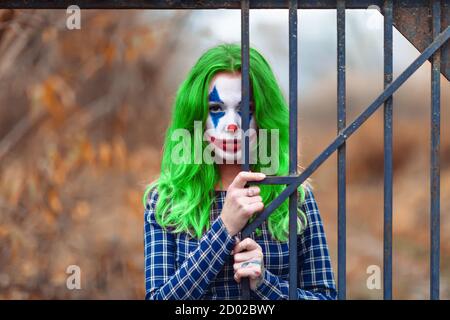 Portrait rapproché d'une fille aux cheveux verts en robe à l'enne avec maquillage de joker sur un fond marron flou. Banque D'Images