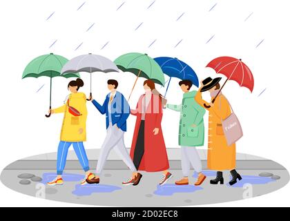 Personnes en imperméable couleur unie vecteur caractères sans visage. Marcher des humains de race blanche avec des parasols. Jour de pluie. Hommes et femmes sur la route caricature isolée Illustration de Vecteur