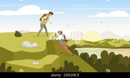 Illustration du vecteur plat du groupe d'escalade. Des randonneurs se couplent sur une colline. Homme et femme sur le pic. Lever du soleil sur le fleuve. Paysage panoramique Illustration de Vecteur