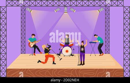 Illustration du vecteur plat du groupe Punk Rock. Groupe musical avec deux chanteurs en concert. Musiciens jouant ensemble sur scène. Comédie musicale Illustration de Vecteur