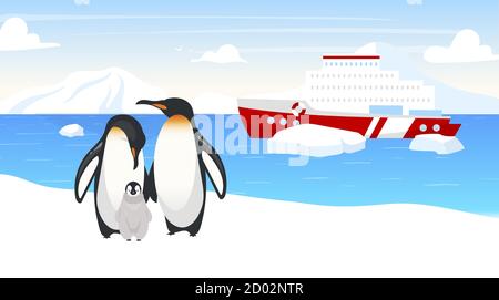 Illustration du vecteur plat de la faune antarctique. Pingouins d'empereur. Famille d'oiseaux marins sans vol. Paysage de neige en hiver. Bateau dans l'océan. Bateau en mer Illustration de Vecteur