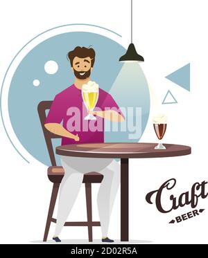 Illustration vectorielle de couleur plate pour la production artisanale de bière. Microbrasserie. Petite brasserie. Homebrasseur. Homme avec une pinte de bière à la table. Guy au bar, pub Illustration de Vecteur