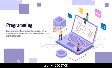 Programmation d'un modèle de vecteur de bannière isométrique. Outils de développement logiciel et service de test d'utilisabilité Illustration du concept 3d pour la page d'arrivée Illustration de Vecteur
