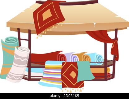 Tente commerciale Souk avec illustration vectorielle de tapis turcs faits main. Marché de l'est, auvent avec tapis persans, couleur plate de kilims Illustration de Vecteur