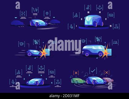 Jeu d'illustrations vectorielles couleur plates pour voitures sans conducteur. Véhicules à conduite automatique sur fond bleu. Avantages autonomes de l'automobile, systèmes de contrôle intelligents Illustration de Vecteur