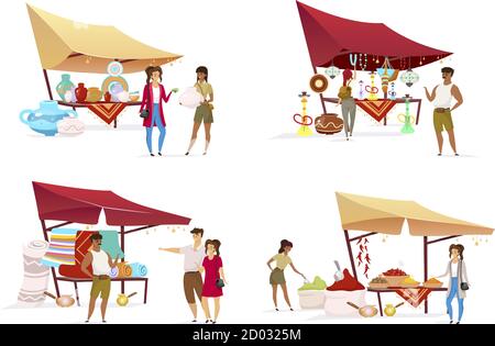 Touristes à l'est bazar plat couleur vecteur sans visage caractères ensemble. Le marché égyptien est doté de poteries faites à la main, de tapis et d'épices. Acheteurs et Illustration de Vecteur