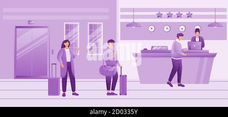 Illustration vectorielle plate de la réception de l'hôtel. Personnes avec des bagages en attente d'enregistrement. Réceptionniste à la réception pour enregistrer les clients à la réception. Touristes Illustration de Vecteur