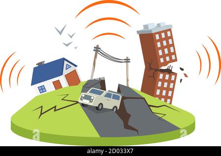 Illustration vectorielle de tremblement de terre en ville. Mouvements tectoniques. Activité sismique. Secouage de la terre. Voiture tombant dans une fissure dans le sol. Calamité Illustration de Vecteur