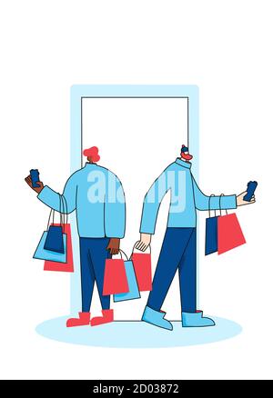 Deux personnages adultes avec sacs à provisions. Les jeunes hommes vêtus de vêtements tendance et décontractés se rangeant et utilisant un smartphone pour l'achat. Conc. De liquidation en ligne Illustration de Vecteur