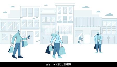 Différents personnages avec des sacs de shopping se précipitant pour stocker pour une vente. Les gens qui marchent dans la rue. Les citoyens vêtus de vêtements tendance et décontractés sont très en vogue Illustration de Vecteur