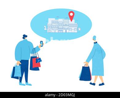 Jeune homme montrant une femme mûre le chemin avec son smartphone. Deux personnages avec sacs de shopping isolés sur fond blanc. Concept de vente. Vecteur illust Illustration de Vecteur