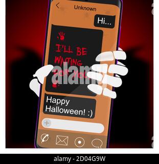 Téléphone avec texte effrayant Halloween. Le squelette tient le téléphone. Illustration vectorielle. Illustration de Vecteur