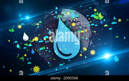 Symboles d'environnement et d'écologie illustration 3d. Résumé concept de fond de la terre, de l'eau, du soleil, de l'air et de la nature. Banque D'Images