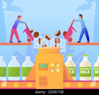 Produits végétaliens de lait de coco de convoyeur d'usine. Concept de bannière de site Web. Illustration de Vecteur