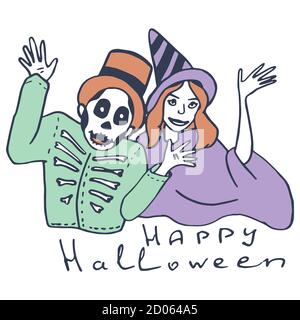 Joyeux texte Halloween sur fond blanc isolé. Un couple déguisé pour une invitation ou une carte cadeau, un carnet, un carrelage de bain, un album. Étui ou tissu pour téléphone Illustration de Vecteur