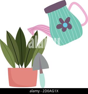 jardinage, arrosoir peut verser sur la plante en pot avec illustration vectorielle à la pelle Illustration de Vecteur