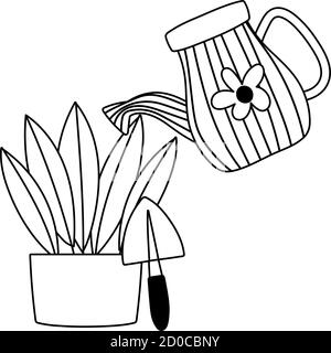 jardinage, arrosoir peut verser sur la plante en pot avec la cosse vecteur ligne d'illustration style icône Illustration de Vecteur