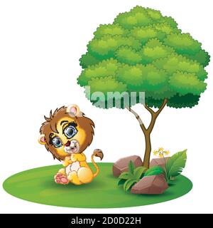 Illustration vectorielle du lion de dessin animé assis sous un arbre un arrière-plan blanc Illustration de Vecteur