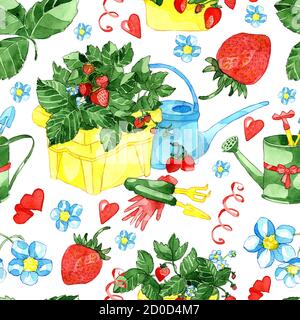 Motif sans couture avec fraise en pot, arrosoir et outil de jardinage sur blanc. Ensemble de nouilles aquarelle avec objets de jardin vintage, dessinés à la main Banque D'Images