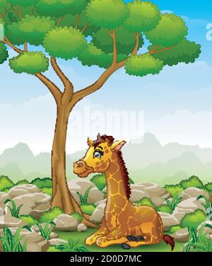 Cartoon girafe assis dans la jungle Illustration de Vecteur