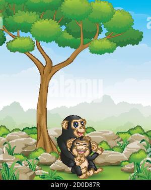 Illustration vectorielle du dessin de la mère du chimpanzé de Cartoon embrasse son bébé chimpanzé dans la jungle Illustration de Vecteur