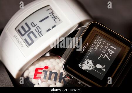 The Phosphor World Time watch, which uses E Ink's segmented display, and  the Seiko Active Matrix EPD watch, which uses active matrix technology  developed by E Ink Corporation, are pictured in Cambridge, Massachusetts  October 25, 2012. Amidst our ...
