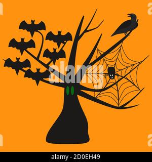 Illustration vectorielle de l'arbre d'Halloween sur fond orange. Chauves-souris, rover et araignée sur l'arbre. Yeux verts. Illustration de Vecteur