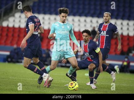 Rayan ait Nouri d'Angers, Marquinhos du PSG lors du championnat français Ligue 1, match de football entre Paris Saint-Germain (PSG) et SCO Angers on Banque D'Images