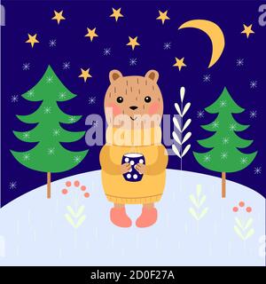 Image avec illustration pour enfants - un adorable ours avec une tasse de thé sur un fond du ciel nocturne. Pour la conception de cartes postales, d'affiches, de tirages Illustration de Vecteur