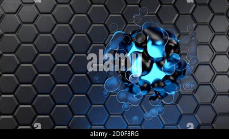 3d tourbillon futuriste blob lumineux de plastique et de métal sur fond hexagonal, illustration 3d Banque D'Images