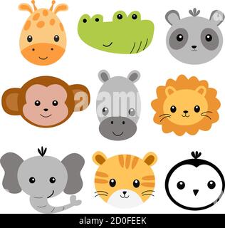 Image avec un ensemble de visages animaux mignons sur un fond blanc, dans des graphiques vectoriels. Pour la décoration, des imprimés pour les vêtements pour enfants, des housses pour carnets Illustration de Vecteur