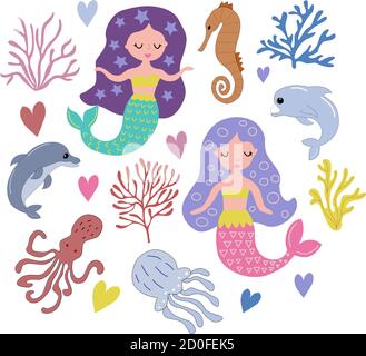 Ensemble de mignons mermaids, coraux, dauphins, pieuvres sur fond blanc, dans des graphiques vectoriels. Pour la conception de cartes postales, affiches, vêtements pour enfants Illustration de Vecteur