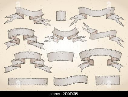 Ensemble vectoriel de vieilles bannières en lambeaux avec texture. Dans les couleurs claires. Illustration de Vecteur