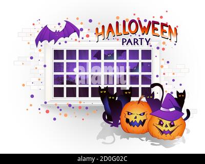 Illustration d'Halloween vectorielle avec fenêtre, citrouilles et inscription dessinée à la main sur un fond clair de brique. Paysage de nuit avec un cimetière et un complet Illustration de Vecteur