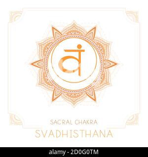 Illustration vectorielle avec symbole Svadhishana - chakra sacré et cadre décoratif sur fond blanc. Motif de mandala rond et lettres dessinées à la main. Illustration de Vecteur