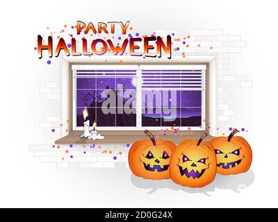 Illustration d'Halloween vectorielle avec fenêtre, citrouilles et inscription dessinée à la main sur un fond clair de brique. Paysage de nuit avec château sinistre et un Illustration de Vecteur