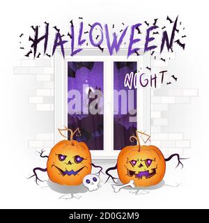 Illustration d'Halloween vectorielle avec fenêtre, citrouilles et inscription dessinée à la main sur un fond clair de brique. Paysage de nuit avec château sinistre et un Illustration de Vecteur