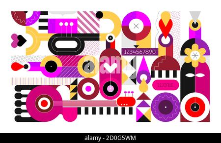 Conception artistique abstraite de bouteilles de vin et d'instruments de musique isolés sur fond blanc. Illustration de vecteur de style géométrique. Illustration de Vecteur