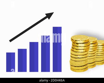 Graphique à barres croissant avec flèche. Colonnes bleues sur fond blanc. Pile de pièces d'or. Rendu 3D Banque D'Images