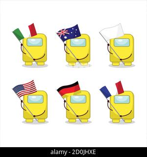 Parmi nous personnage de dessin animé jaune apporter les drapeaux de divers pays Illustration de Vecteur
