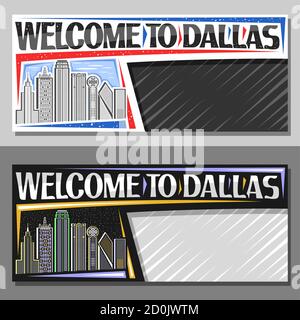 Mises en page vectorielles pour Dallas avec espace d'écriture, bon décoratif avec illustration du célèbre paysage de la ville de dallas sur fond de ciel de jour et de soir, art desi Illustration de Vecteur