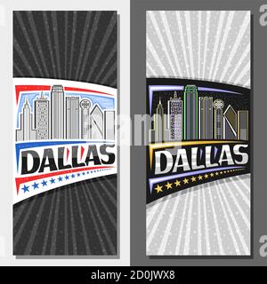 Mises en page vectorielles pour Dallas, dépliant décoratif avec illustration du paysage célèbre de la ville de dallas le jour et le crépuscule ciel étoilé, design artistique Illustration de Vecteur