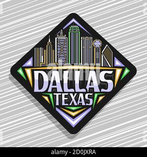 Logo Vector pour Dallas, panneau noir sur la route du losange avec illustration du célèbre paysage de la ville de dallas sur fond de ciel crépuscule, design d'art, réfrigérateur touristique ma Illustration de Vecteur