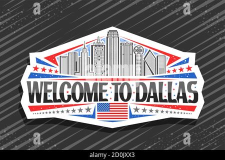 Logo Vector pour Dallas, badge décoratif blanc avec illustration de la célèbre ville de dallas sur fond de ciel de jour, aimant de réfrigérateur design d'art avec Illustration de Vecteur