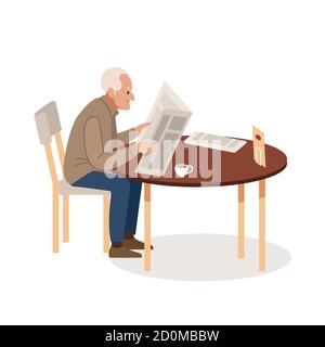 Vieil homme avec journal et café. Senior adulte Reading Journal concept de loisirs. Illustration de dessin animé à plan vectoriel. Illustration de Vecteur