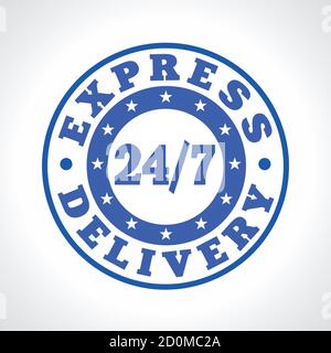 Modèle d'emblème 24/7 service de messagerie. Logo « Express » disponible 24 heures sur 24. Timbre bleu rond, magasin, bureau de poste, restaurant ou affiche de marque fastfood Illustration de Vecteur