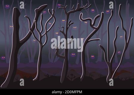 Monstres dans la forêt sombre. Bois effrayant. Yeux dans une forêt sombre effrayante. Bois de nuit créepy avec brume. Les yeux fantômes sont marqués par les bois sombres d'Halloween. Vecteur Illustration de Vecteur
