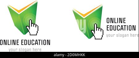 Logo éducatif en ligne, livre ouvert et main pointant. Icône réseau Internet de l'école. Signe vectoriel avec éléments de pixel. Illustration de Vecteur