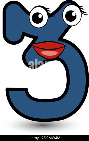 Drôle dessin main dessin animé stylisé police coloré bleu foncé numéro trois avec visage souriant vecteur alphabet illustration isolée sur blanc. Bien pour les enfants l Illustration de Vecteur